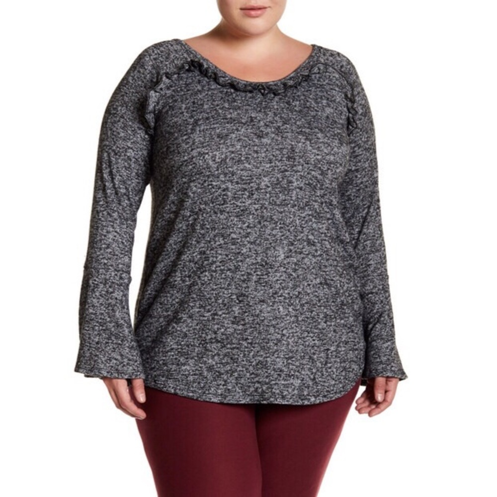 Slate Gray Knit Long Sleeve Bell Sleeve Ruffle Tee